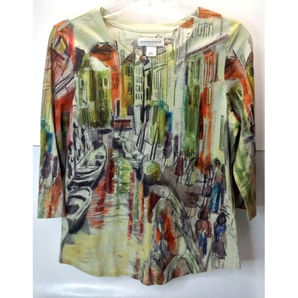 Christopher & Banks 3/4 Sleeve Tee Small Watercolor Italian Scene Graphic Print